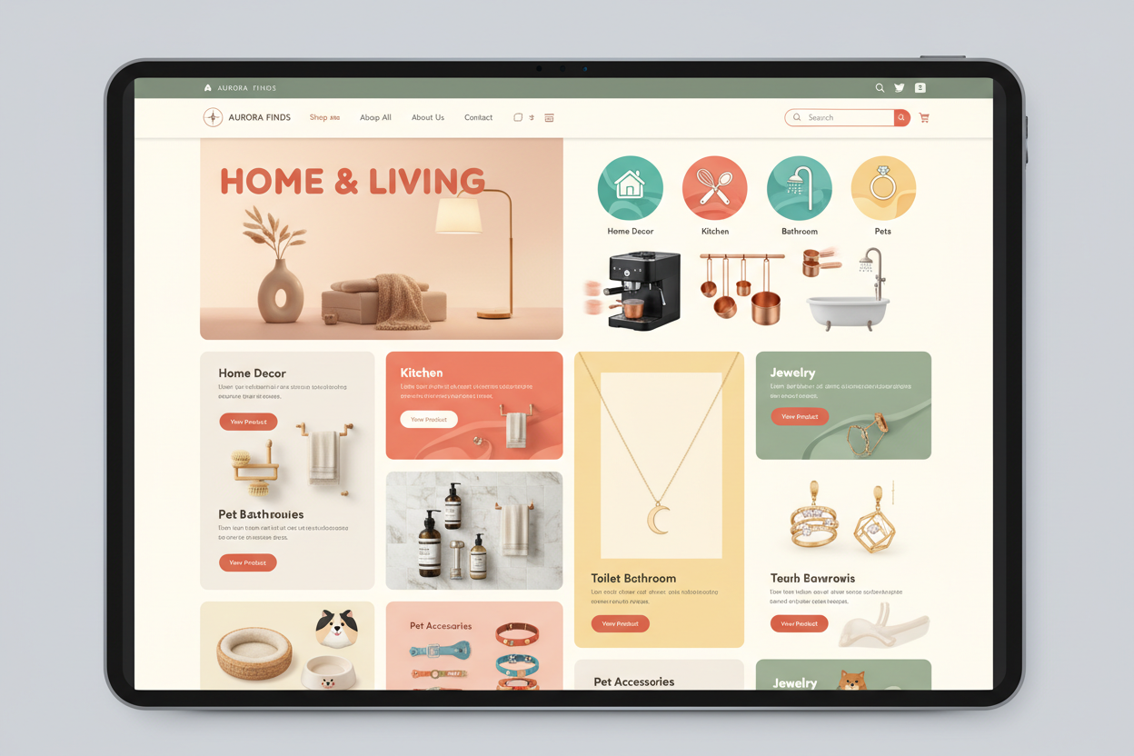 A vibrant, modern e-commerce website homepage, showcasing a variety of products in a clean, stylish layout. Include home decor items (0.8), kitchen gadgets (0.7), toilet and bathroom accessories (0.6), pet accessories (0.7), and jewelry (0.9), displayed in an organized, visually appealing way. Bright, welcoming colors (0.8), minimalistic yet cozy design (0.7), clear product focus (1.0), subtle realistic shadows and highlights (0.6), digital illustration style (0.9), high-resolution, professional website moc